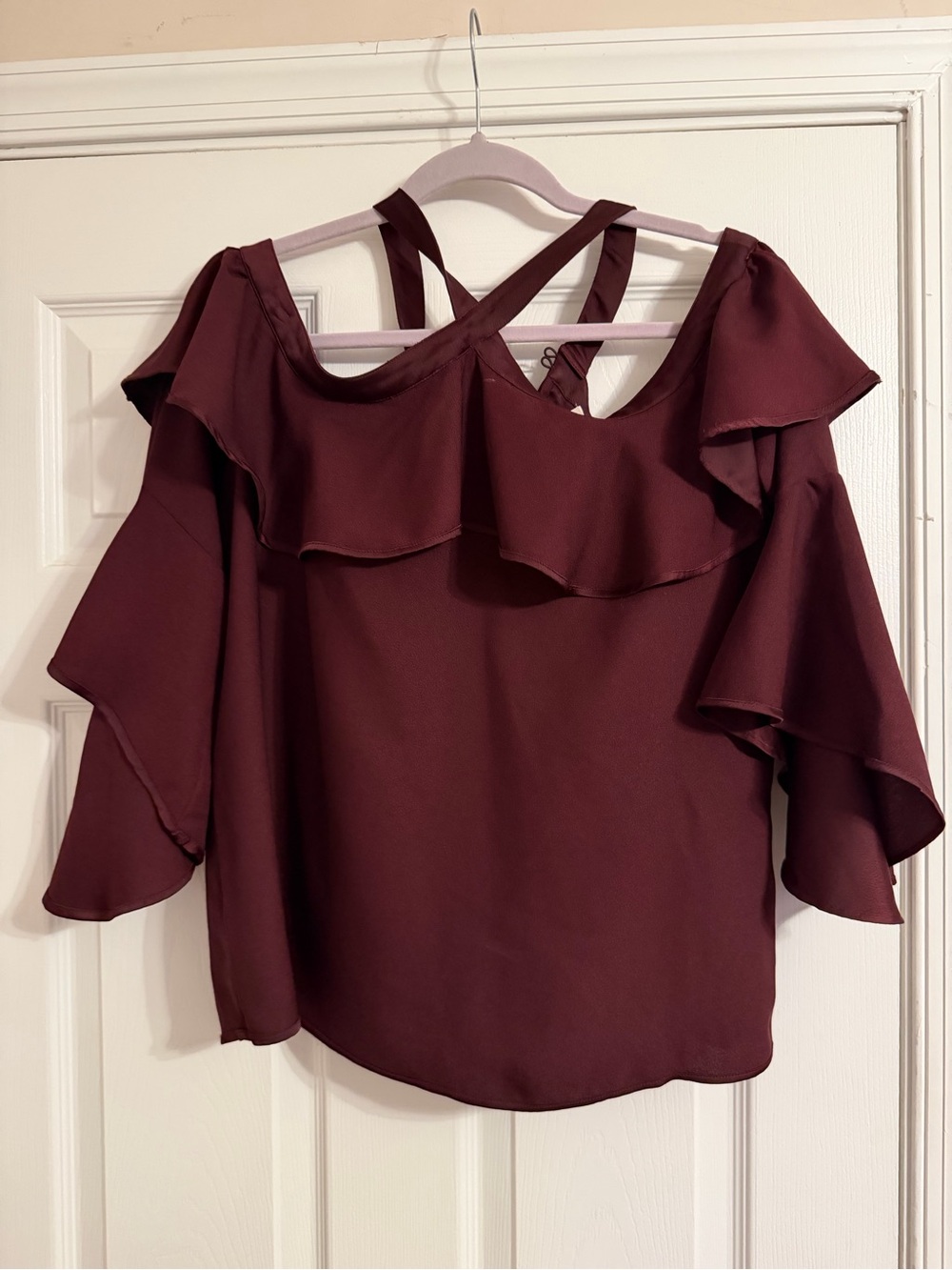 LOFT Wine Cold-Shoulder Ruffle Top with Crisscross Straps